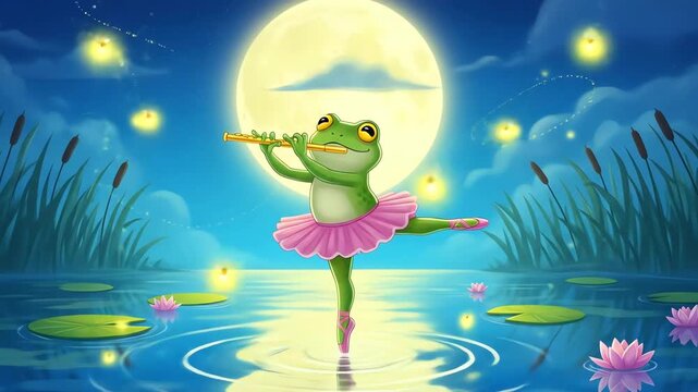 Ballerina Frogs Moonlight Serenade A whimsical animation of a graceful frog playing flute and dancing under a full moon surrounded by fireflies.