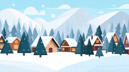 Cozy snowy village with cabins and pine trees, flat cartoon winter scene