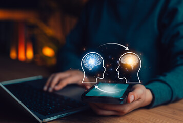 Human and Artificial Intelligence Knowledge Transfer Concept. A person uses phone with two human...