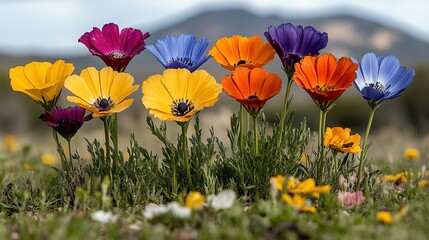 Obraz premium Colorful flowers bloom in a field with blurred mountains in the background.