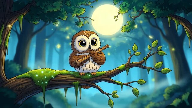 Enchanting Owl's Moonlight Serenade: A whimsical animation of a cute owl playing a flute under the moonlit night sky, surrounded by fireflies in a magical fores