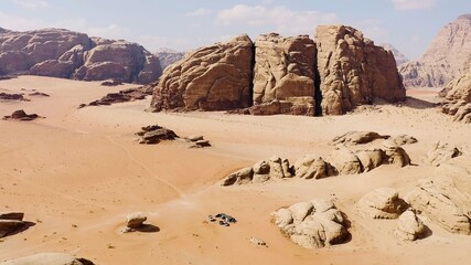 Aerial view of the Mushroom Area of Wadi Rum, Jordan, with the impressive cliffs and mountains.