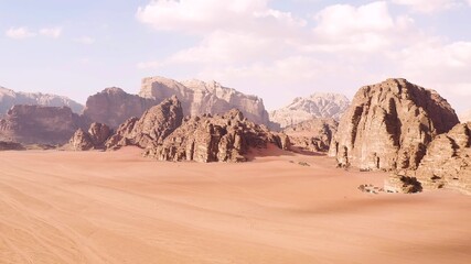 Spectacular aerial view over the sand and mountains of the desert of Wadi Rum, Jordan.