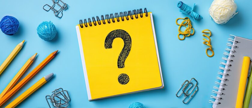 A yellow notepad with a large question mark, surrounded by school supplies on a light-blue background