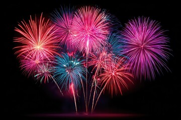 Vibrant fireworks bursts in shades of pink, red, and blue against a black background