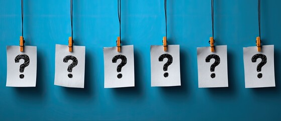 Multiple question marks on white papers, hanging from strings