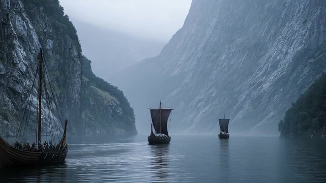 Majestic Viking Ships Gracefully Navigating Through the Serene Fjord Landscape