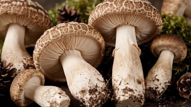 Five brown mushrooms with white stems are nestled amongst moss and pinecones