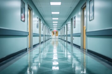 Obraz premium Empty hospital corridor. Perspective shot of a long, clean corridor with pale blue walls and doors. Smooth, reflective floor. Focus on the floor extending into the distance