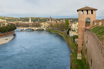 Panoramic view of Verona, Italy, with the Adige River flowing through the city, and the...
