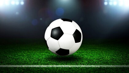 Soccer ball on a stadium field under spotlights
