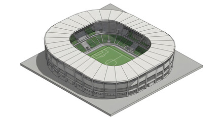 Detailed 3D vector illustration of a miniature Qizhong stadium, presented in an isometric view for architectural visualization.