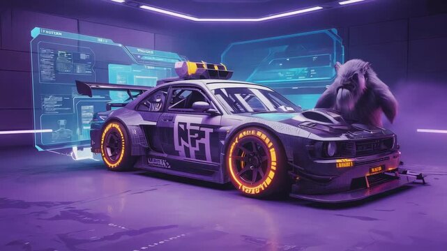 Futuristic nft sports car with glowing orange rims parked in a metaverse garage with neon lights and holographic displays, featuring a bored ape yacht club primate - Powered by Adobe