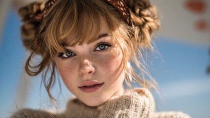 Close-up portrait of a freckled young woman with a stylish updo