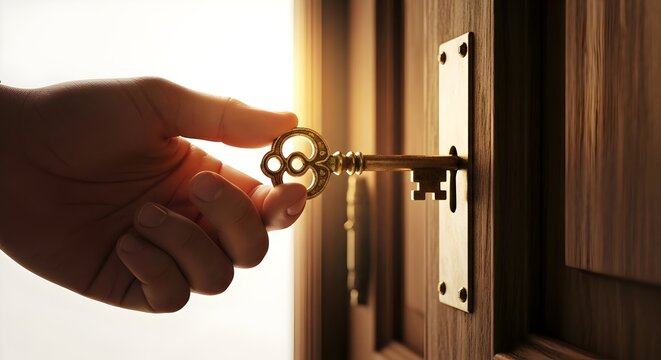 Hand inserting a vintage golden key into a door lock, a concept for new homes, real estate, and unlocking opportunities.
