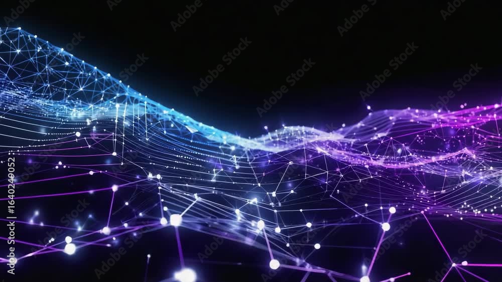 Poster complex network of interconnected nodes and lines forming a dynamic, glowing wave against a dark bac