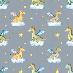 Obraz premium Cartoon cute kids sleeping Dragon seamless pattern, childish background