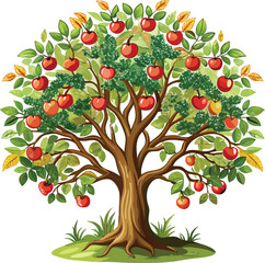 Ripe Red Apple Tree Laden With Fruit and Green Leaves on White Background vector illustration