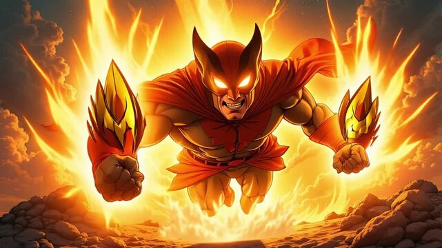 Dynamic superhero soars through fiery skies, a powerful force against the dramatic clouds.