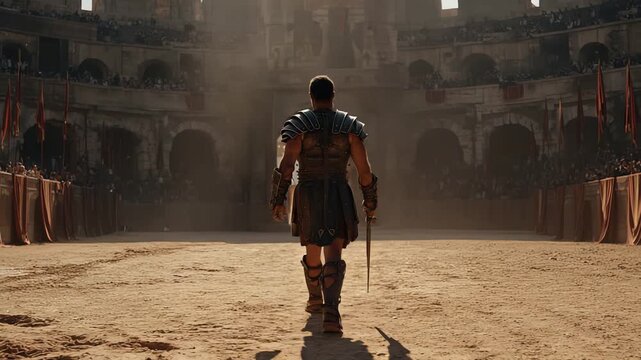 A Heroic Gladiator Engaged in Fierce Combat Inside an Ancient Roman Arena