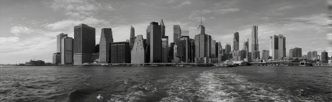 Fototapeta Panoramic view of New York City skyline in black and white