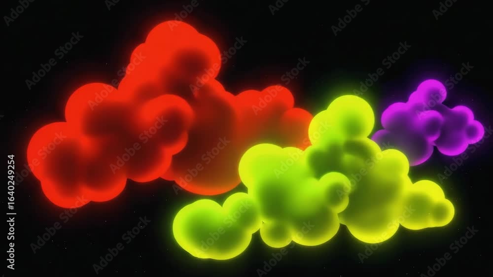 Poster colorful glowing metaballs merging and floating against a black background, creating a vibrant and d
