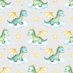 Cartoon cute kids sleeping Dragon seamless pattern, childish background