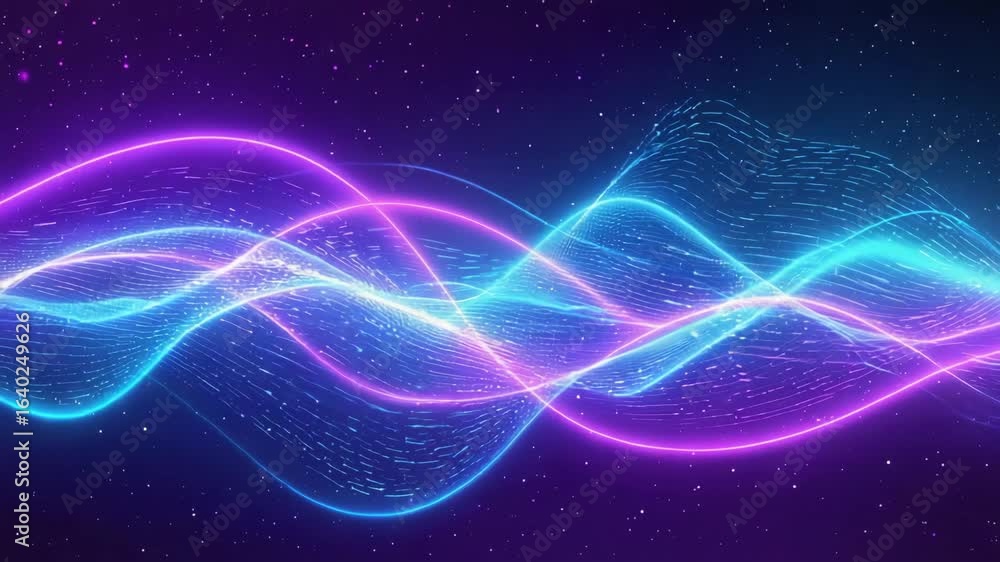 Poster flowing abstract neon wavy lines dance across a dark background, illuminated by glowing particles, c