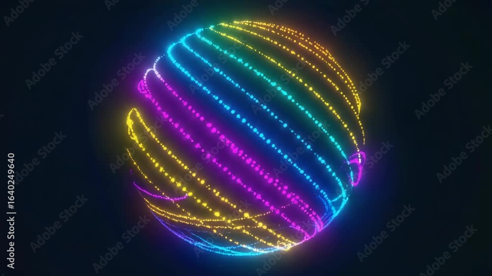 Poster Colorful neon light trails swirling and rotating to form a captivating sphere against a dark background, creating a mesmerizing and dynamic visual effect filled with energy