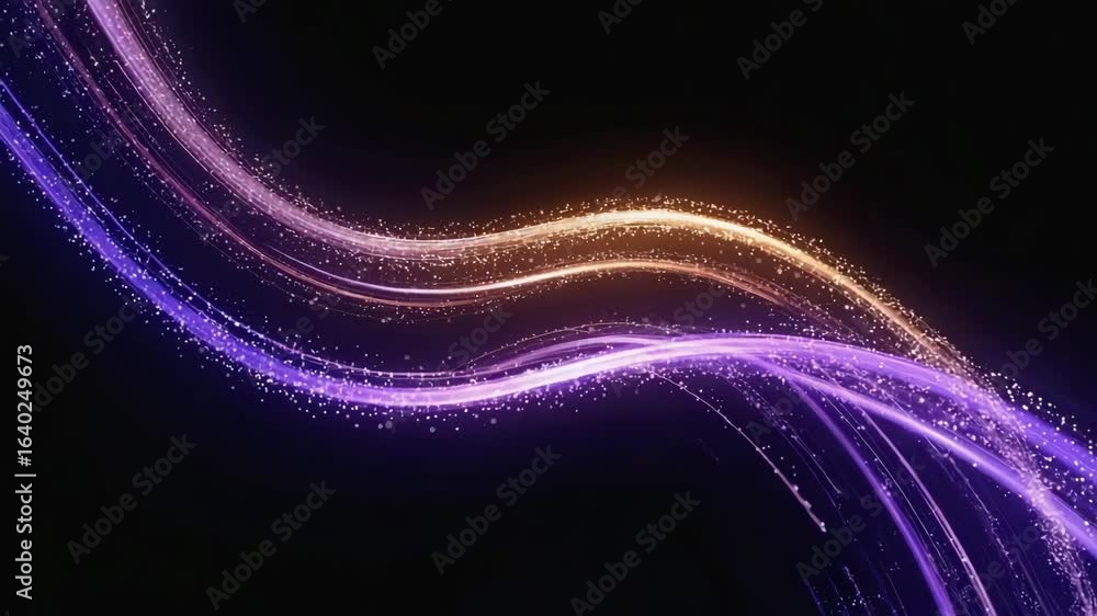 Poster light trails in vibrant shades of orange and purple flowing gracefully across a dark background, cre