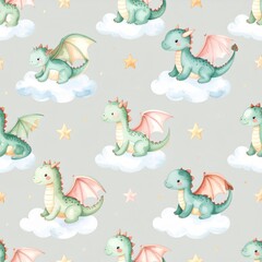 Cartoon cute kids sleeping Dragon seamless pattern, childish background