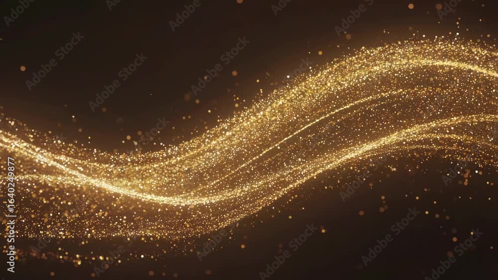 Poster golden particles are flowing and forming wavy lines on a black background, creating a luxurious and 