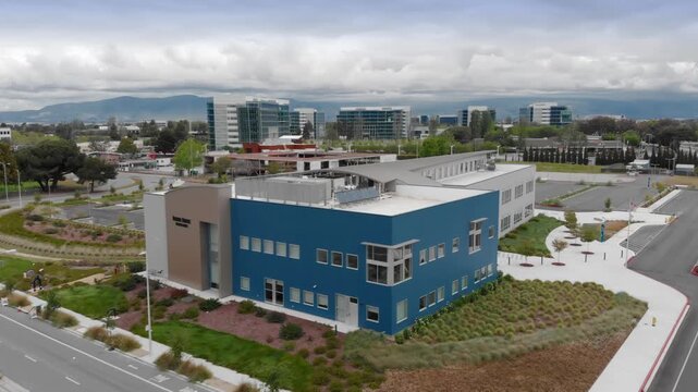 Aerial view of Google Campus. Shows the architecture and urban landscape. Sunnyvale, California, USA. 