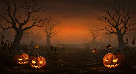 Halloween pumpkin field at sunset, AI generated