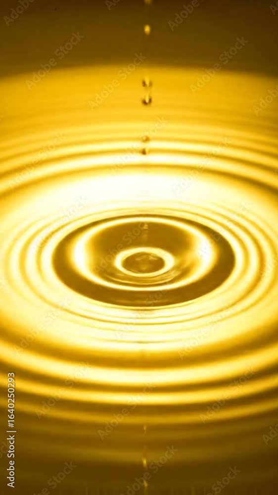Poster close up of golden liquid drops creating circular ripples on surface with bright reflection in a ver