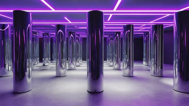 Many chrome cylindrical pillars are arranged in a grid pattern on a smooth floor in a room illuminated by purple neon lights, creating a mesmerizing spectacle of reflections