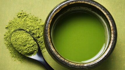 Vibrant matcha green tea in traditional chawan bowl, serene top-down view.