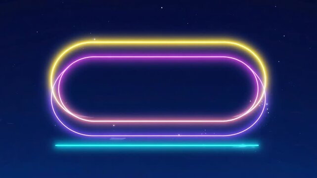 Double rounded rectangle neon frame glowing yellow and purple with cyan underline on dark blue background with sparkles, ideal for modern and futuristic designs