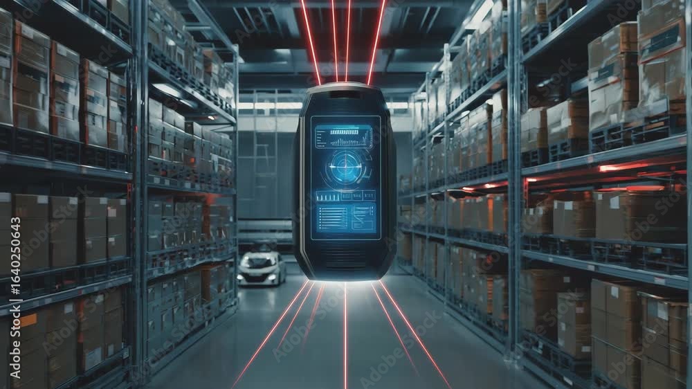 Poster Futuristic inventory management system using laser beams and digital interface is scanning packages in a modern automated warehouse with robotic vehicle