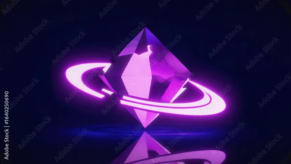 Aufkleber purple octahedron with glowing edges floating over a bright neon circle reflecting on a dark surface
