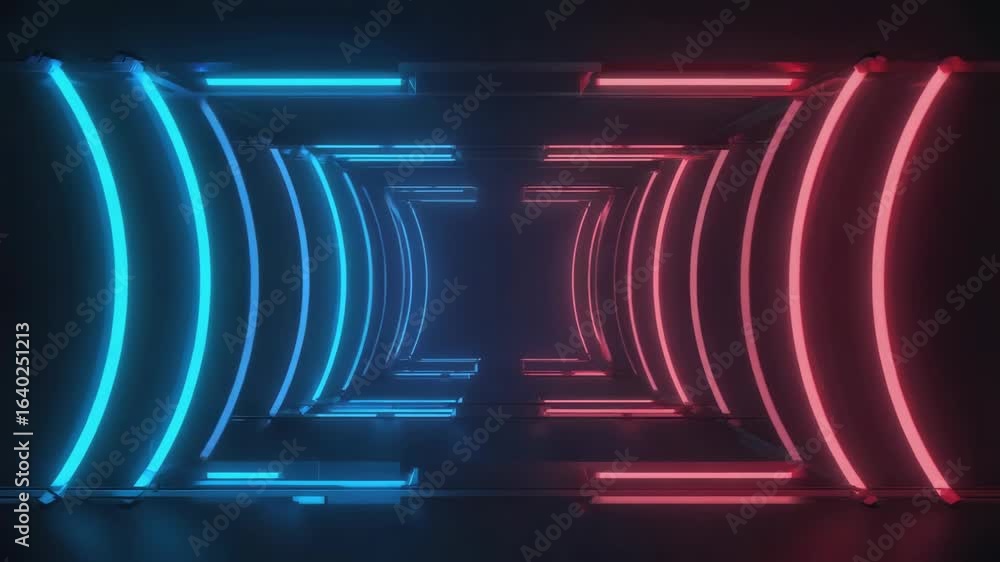 Poster blue and red neon lights are forming a futuristic tunnel with rounded shapes, creating a vibrant and