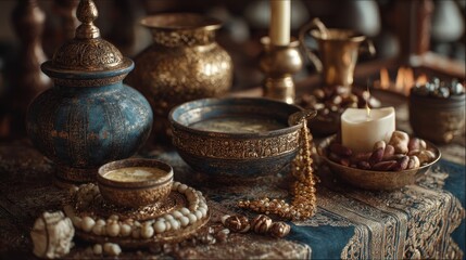 Opulent still life with gilded antiques and flickering candlelight ambiance