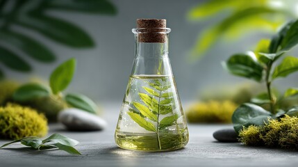 Botanical essence extracted in laboratory flask for wellness and aromatherapy