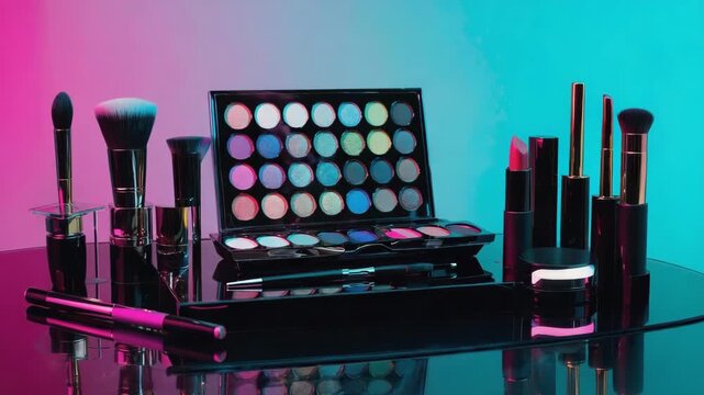 Colorful eyeshadow palette, lipsticks, brushes, and other beauty products are showcased on a reflective surface, illuminated by vibrant neon lighting, creating a modern and glamorous scene