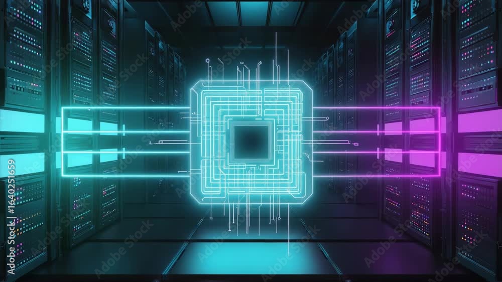 Poster glowing cpu connecting and transferring data to server racks, illuminated by vibrant blue and purple