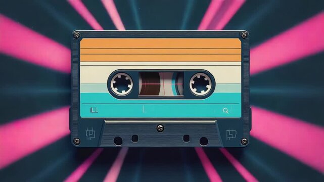 Retro audio cassette tape on vibrant blue background with radiating light rays, evoking nostalgia for 80s music and analog sound recording technology