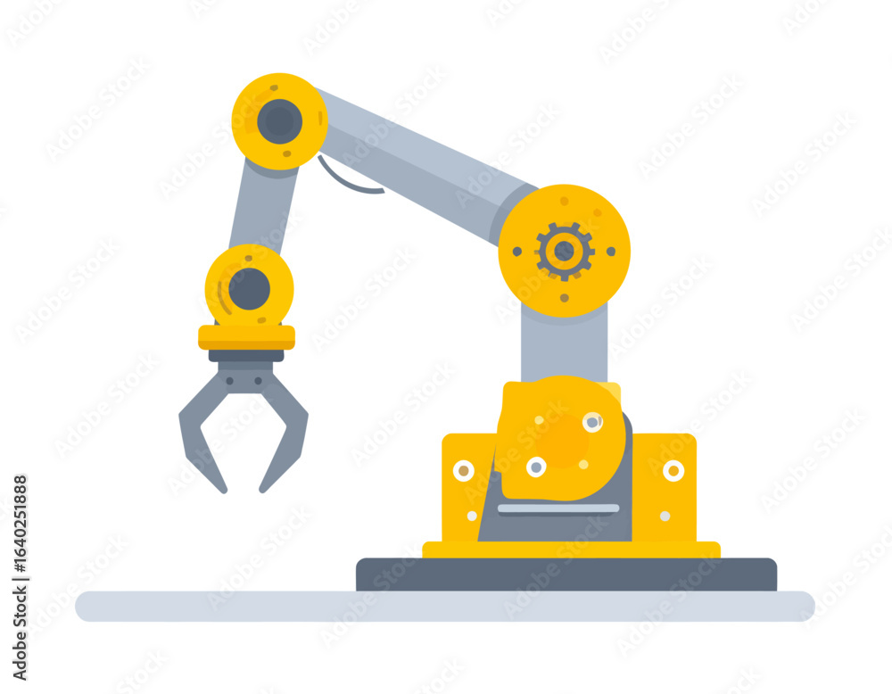 Poster industrial robotic arm with claw gripper for automated manufacturing. vector illustration of factory