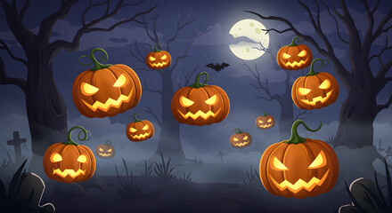 Floating halloween pumpkins in eerie forest, AI generated