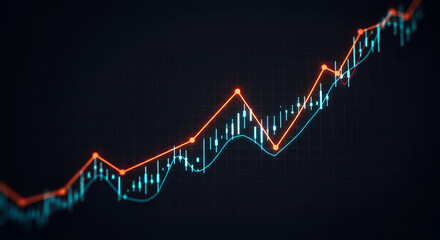 Dynamic financial line graph showing fluctuating market trends with an overall upward trajectory on a dark digital background.