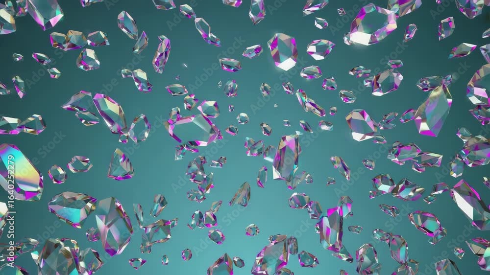 Poster numerous iridescent crystal shards cascading against a teal background create a captivating spectacl
